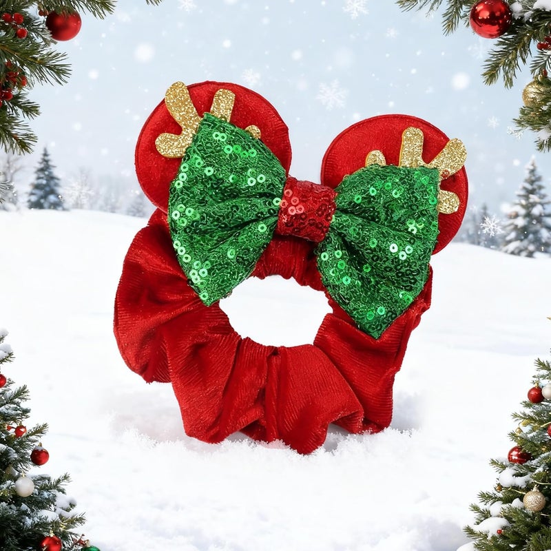 CellElection 2 Pack Mouse Ears Christmas Scrunchies Sequin Mouse Bows Velvet Hair Scrunchies Hair Ties Elastic Rubber Bands Ponytail Holders for Kids Women Girls Christmas - Image 5